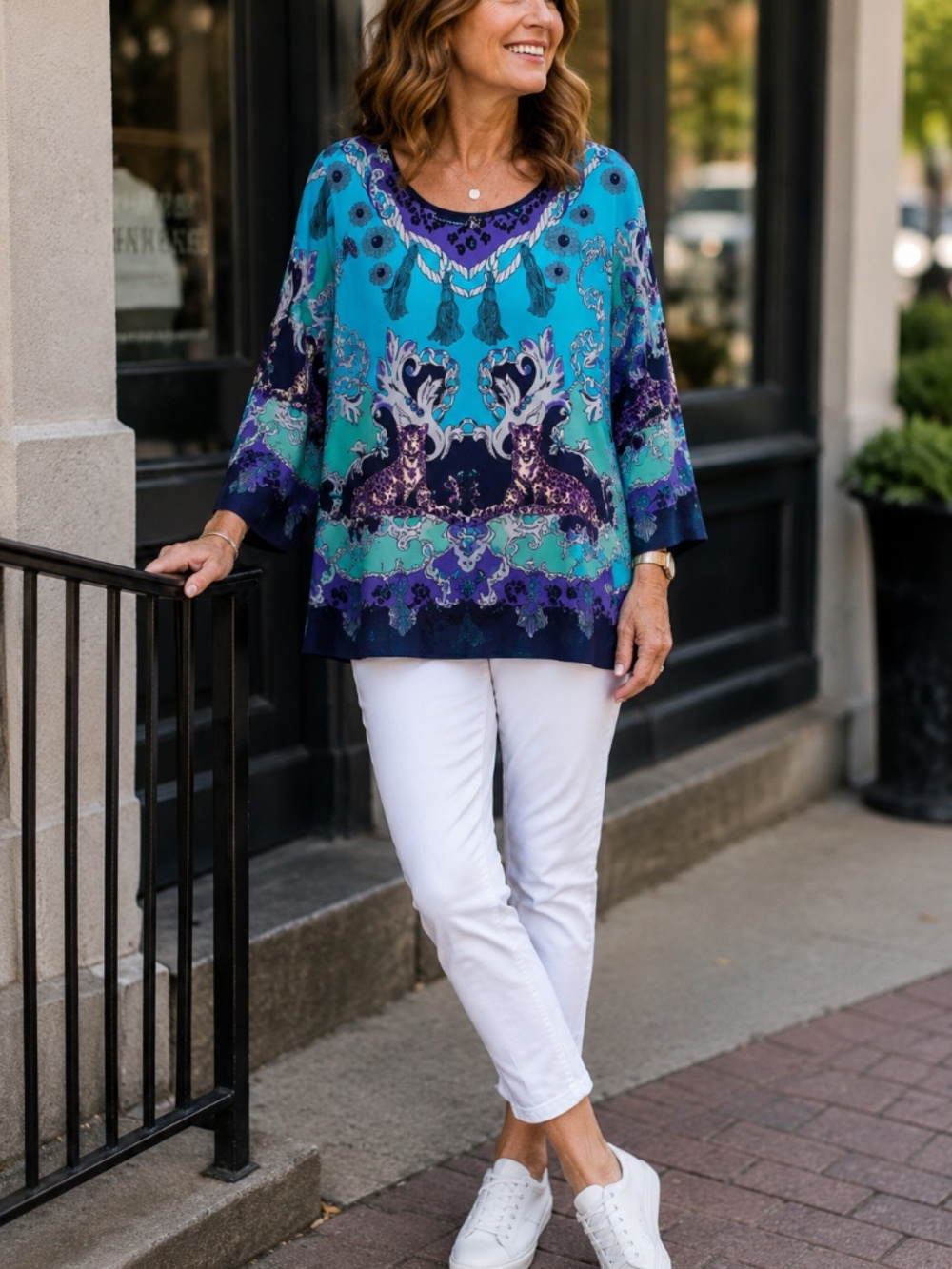 Antthony Status Print of Turquise, Navy & Purple Printed Scoop Neck 3/4 Sleeve